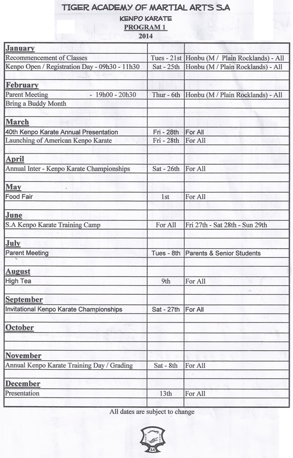 TAMA-SA Kenpo Karate 2014 Schedule